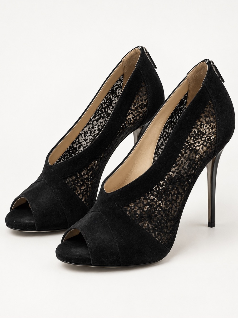 Jimmy Choo Black Suede Lace Peep Toe Stiletto Heels